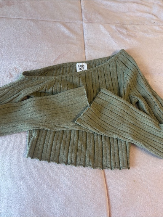 Princess Polly Sweaters - Princess Polly Olive Ribbed Off-Shoulder Crop Sweater